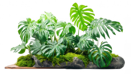 lush green plants primarily featuring large glossy leaves set on a textured base with moss creating a natural serene aesthetic for decoration or indoor gardening