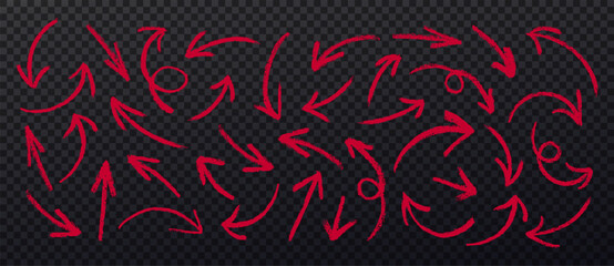 Red charcoal arrows on transparent background. Rough charcoal arrows. Brush elements for notes and underlining text