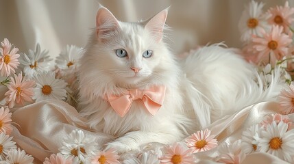 A white fluffy cat with blue eyes and peach bow resting among daisies on satin beige fabric