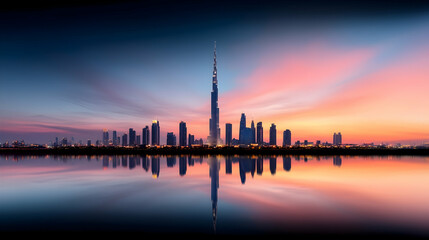 Fototapeta premium Stunning City Skyline Reflection at Sunset
