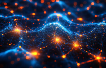Obraz premium Abstract Glowing Digital Network Connections in Blue and Orange Hues Data Visualization Concept for Modern Technology and Communication