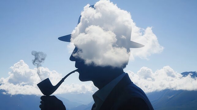 Head in the Clouds Man with Pipe Dreams in Mountains.