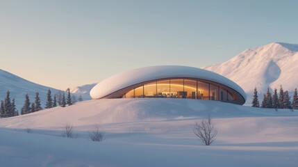 Obraz premium Explore a modern snowy retreat in serene mountains innovative architecture in a tranquil winter wonderland