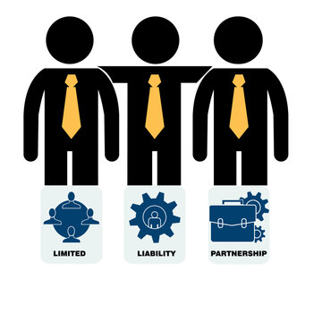 Vector illustration of LLP (Limited Liability Partnership) business structure with three partners in suits and icons representing limited liability, teamwork, and business partnership.