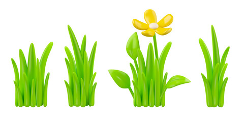 Cartoon grass vector 3d set. Green meadow Easter decoration, horizontal border icon illustration. Spring or summer design element collection isolated on white background
