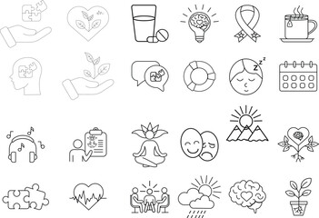 Fototapeta premium Mental health and wellness outline icons set with transparent background — meditation, therapy, relaxation, self-care, motivation symbols
