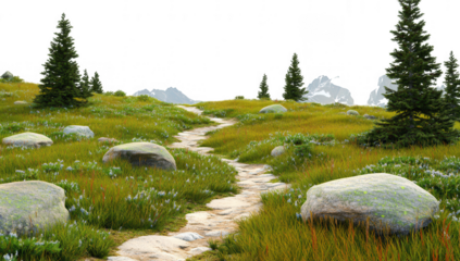 a serene landscape featuring a winding path through lush greenery dotted with rocks and surrounded by evergreen trees leading towards distant mountains under a bright sky