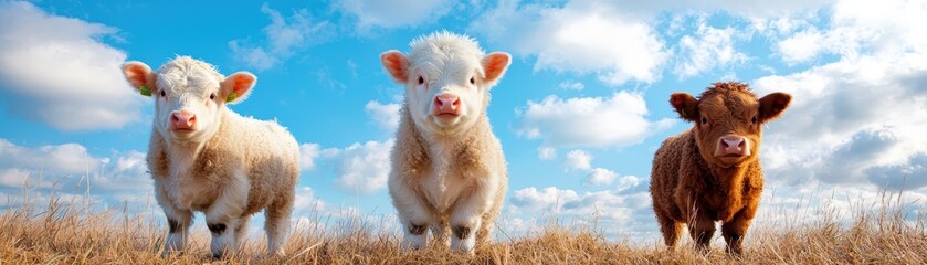 Three calves field sky idyllic scene.