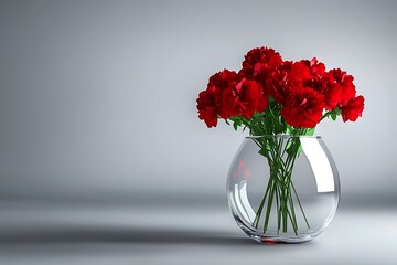 Fototapeta premium Red carnations in glass vase on a gray background, studio setting, for gifts, celebration