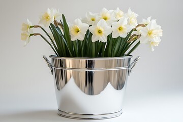 White daffodils bouquet in a shiny bucket, interior decoration, spring, still life, studio background