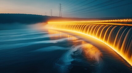 Fototapeta premium Dynamic waterfall flow serene riverbank photography dawn light wide angle nature's beauty