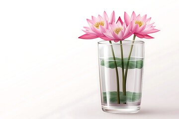 Lotus flowers bouquet in a glass vase on white background, ideal for spring or spa projects