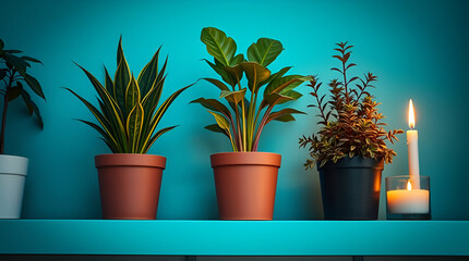 Potted plants sit in a row against a blue wall, lit by sunlight.