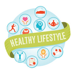 Healthy lifestyle concept with wellness and fitness icons.