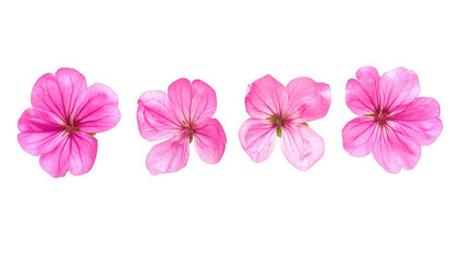 Obraz premium four delicate pink flowers arranged in a row against a white background showcasing their intricate petals and vibrant colors ideal for floral designs or nature-themed projects