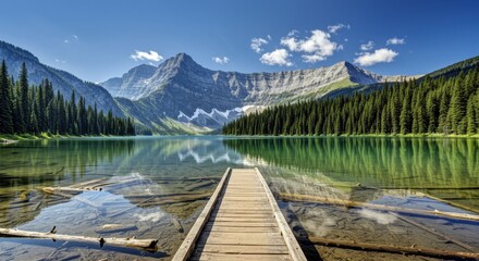 Mountain Lake Serenity Wooden Dock and Stunning Peak Reflections