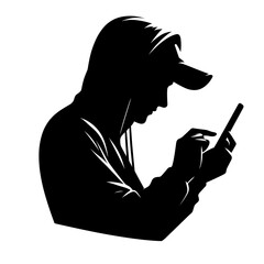 Hooded person texting on smartphone planning cyber scam