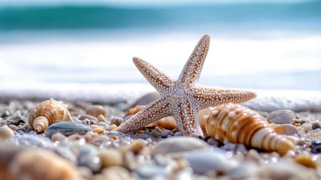A starfish is laying on the beach next to some shells