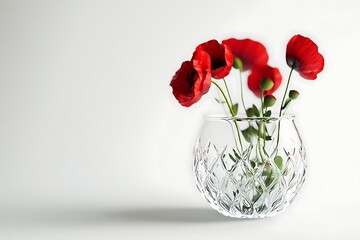 Fototapeta premium Red poppies bloom in a glass vase, set against a simple white background for elegant display