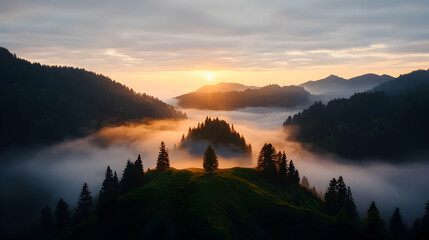 Fototapeta premium Sunrise Over Misty Mountain Landscape