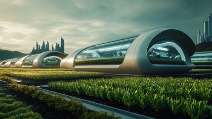 Obraz premium Futuristic smart farm showcases robotic harvesters and hydroponic greenhouses in a modern agricultural landscape