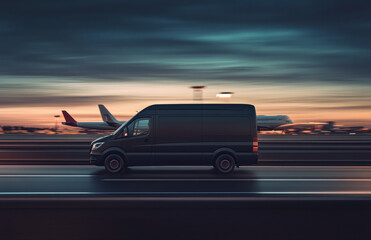 Naklejka premium Black Van Driving at High Speed on Airport Runway During Dusk with Airplanes in the Background under Dramatic Sky