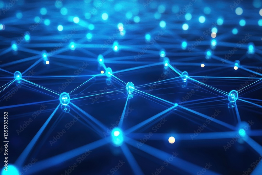 Poster Futuristic digital network concept featuring interconnected nodes in layered paper cut style with glowing blue gradients in modern high-tech design