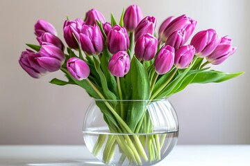 Bouquet of vibrant purple tulips in clear vase on white table, simple background
