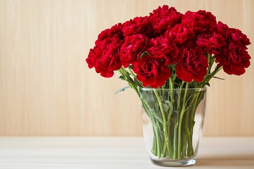 Obraz premium Red carnation bouquet in glass vase on a wooden table, with a light brown wall