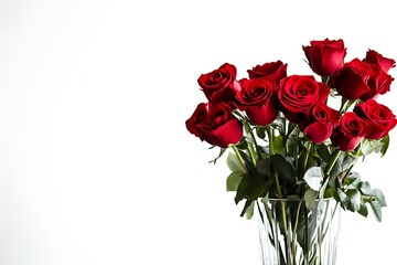 Fototapeta premium Bouquet of vibrant red roses in a glass vase against a white background, used for love