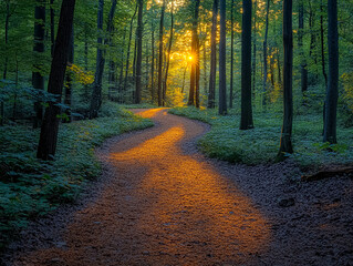 Obraz premium Serene Forest Path Illuminated by Sunlight Through Lush Green Trees at Sunrise