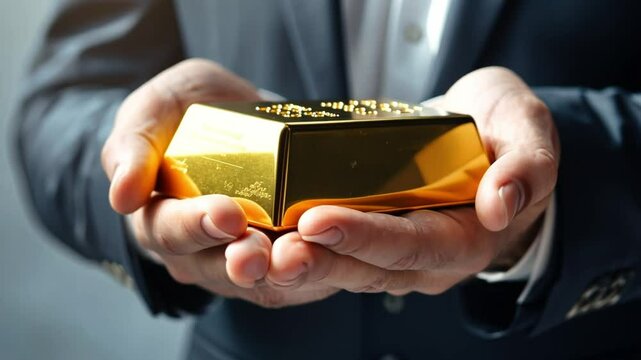 Precious Holdings: A well-dressed person delicately cradles a gleaming gold bar in their hands, symbolizing wealth, investment, and the enduring value of tangible assets.