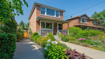 119.A sunny day in a suburban area showcasing a semi-detached home with a welcoming front porch, surrounded by vibrant greenery, blooming flowers, and a neatly paved driveway.