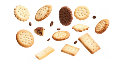 a variety of cookies and a piece of cheese all floating against a white background emphasizing their textures and shapes suggesting a playful and appetizing snack theme