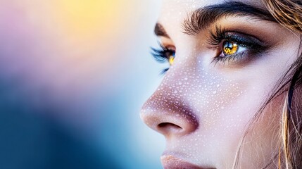 Fototapeta premium Dewy Skin Woman s Face Close Up Sunset Glow Golden Eyes High Resolution