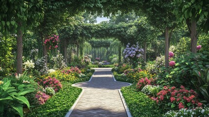 Obraz premium 27.A lush garden scene showcasing a mix of flowering plants in full bloom, neatly edged pathways, and thick, healthy foliage creating a natural canopy of greenery.