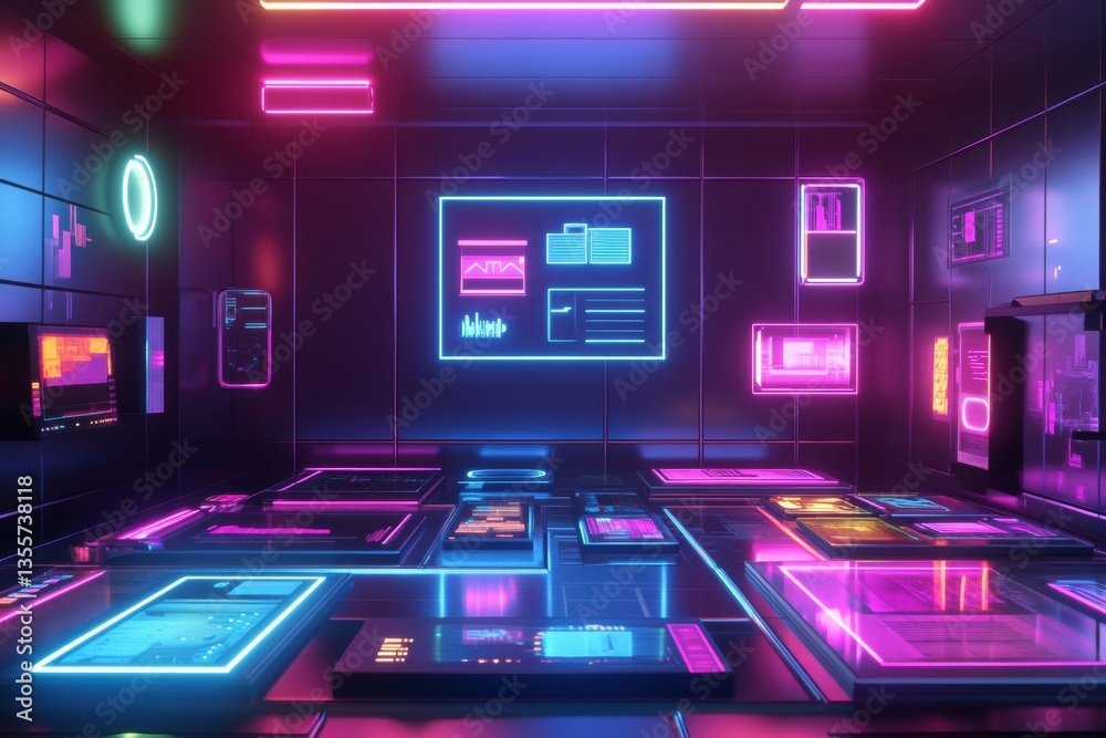 Leinwandbilder Floating holographic shopping list in high-tech smart home with sleek neon lighting and futuristic design enhancing daily tasks