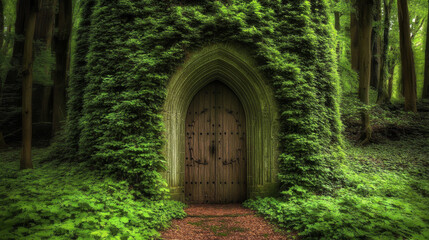 Fototapeta premium Mysterious wooden door in lush green forest setting