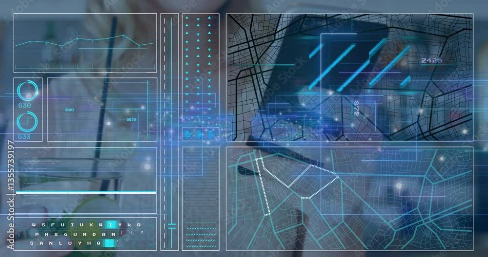 Poster animation of digital interface with data graphs and maps on blurred background