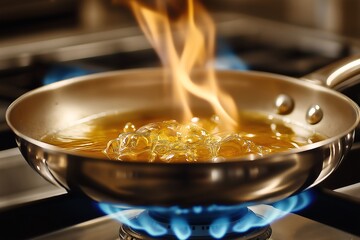 Bubbling Oil Fire in Frying Pan Over Blue Gas Flames, Kitchen Hazard Awareness