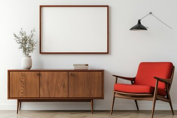 Mid-century modern living room mockup with blank framed poster
