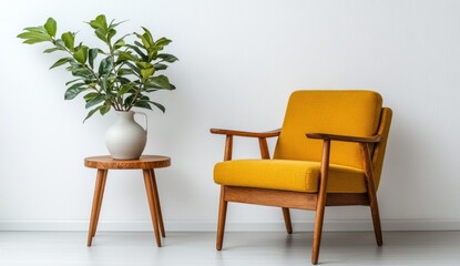 Mid-century modern yellow armchair and side table in a bright room with a plant