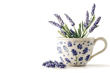 Fototapeta premium Watercolor lavender in floral cup against white background, for aromatherapy and relaxation