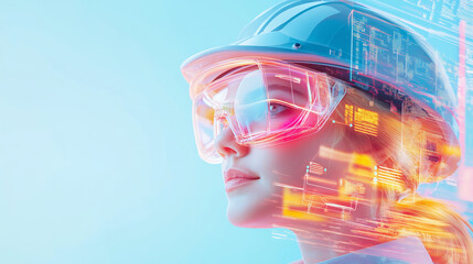 Woman Engineer in Augmented Reality Smart Glasses and Hard Hat