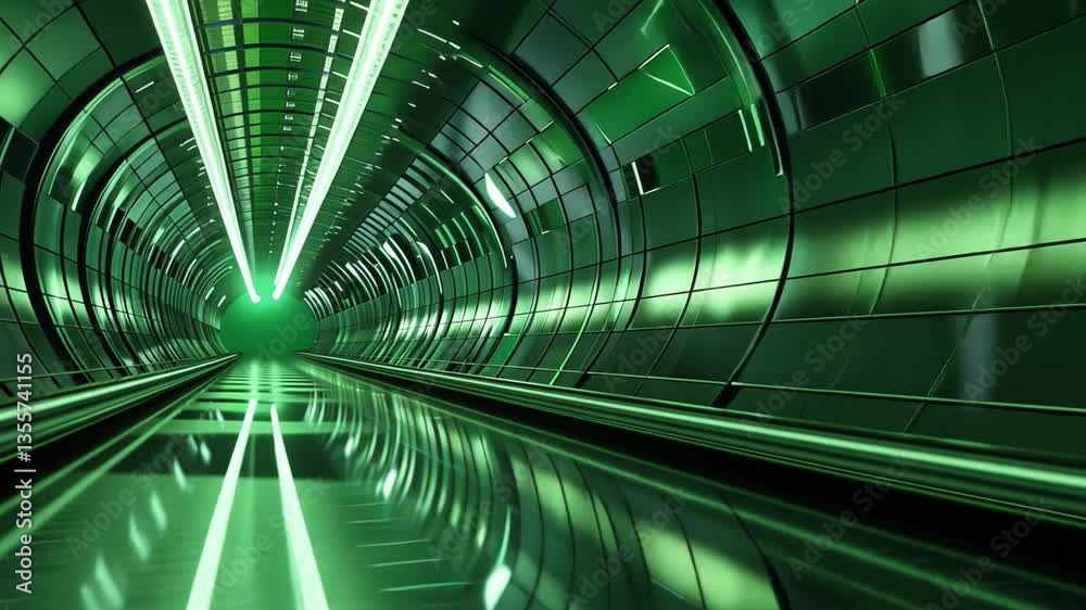 Wall mural futuristic tunnel with bright green lights: a mesmerizing view of an abstract tunnel, illuminated wi