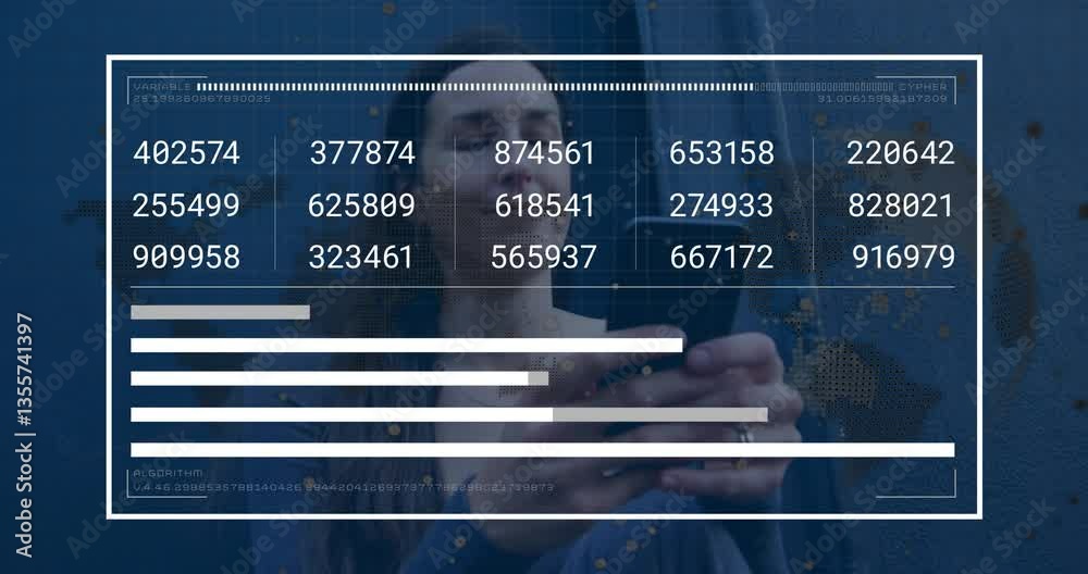 Poster using smartphone, woman viewing data processing animation overlay in school setting