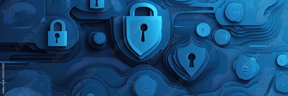 Poster Cybersecurity background design featuring layered locks and shield shapes in modern blue gradients with encrypted codes