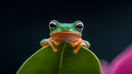 Obraz premium Close Up of a Small Green Frog on a Leaf