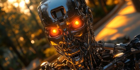 Fototapeta premium Metal Robot Head Outdoors.