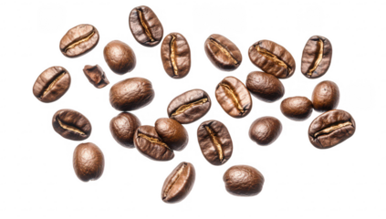 roasted coffee beans arranged on a white background showcasing their rich brown color and varying shapes ideal for illustrating coffee-related themes or products